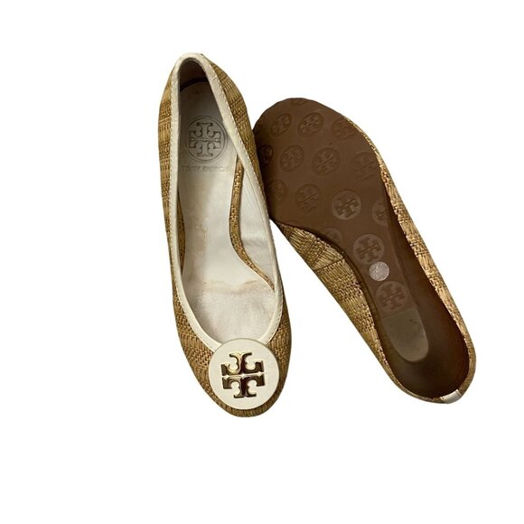 Tory Burch Sally Raffia Straw Pumps Wedge Sole Logo Women's 7.5M Beige - Picture 3 of 10